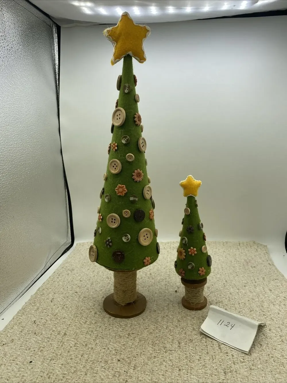 Set Of Two Crafted Button Christmas Trees. Cloth, Buttons, And Wood